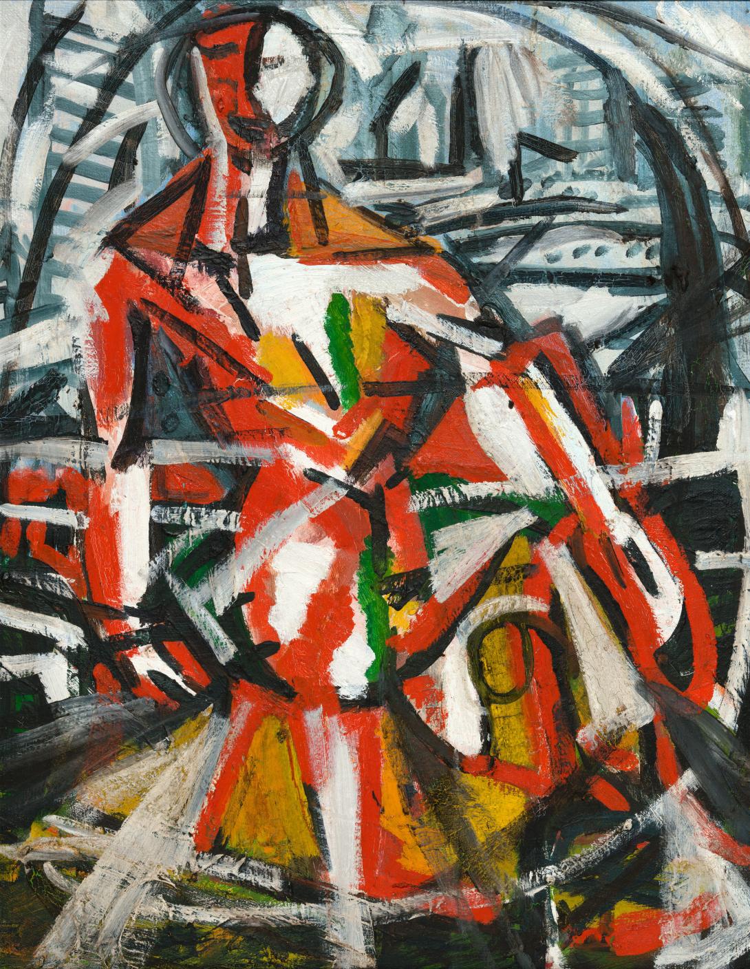 An abstract oil painting depicting a person painted in reds, oranges and greens sitting in an abstract car.