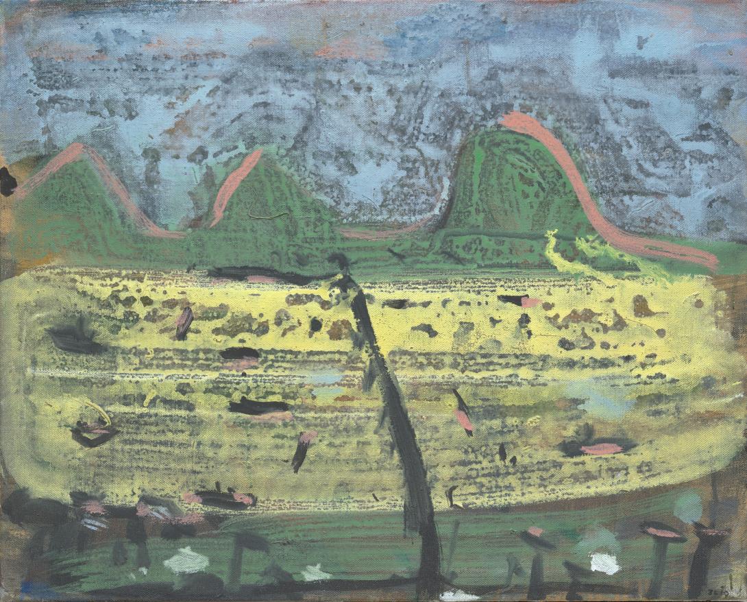 A painting of an island landscape in Queensland, with green rolling hills highlighted in pink under a blue sky.