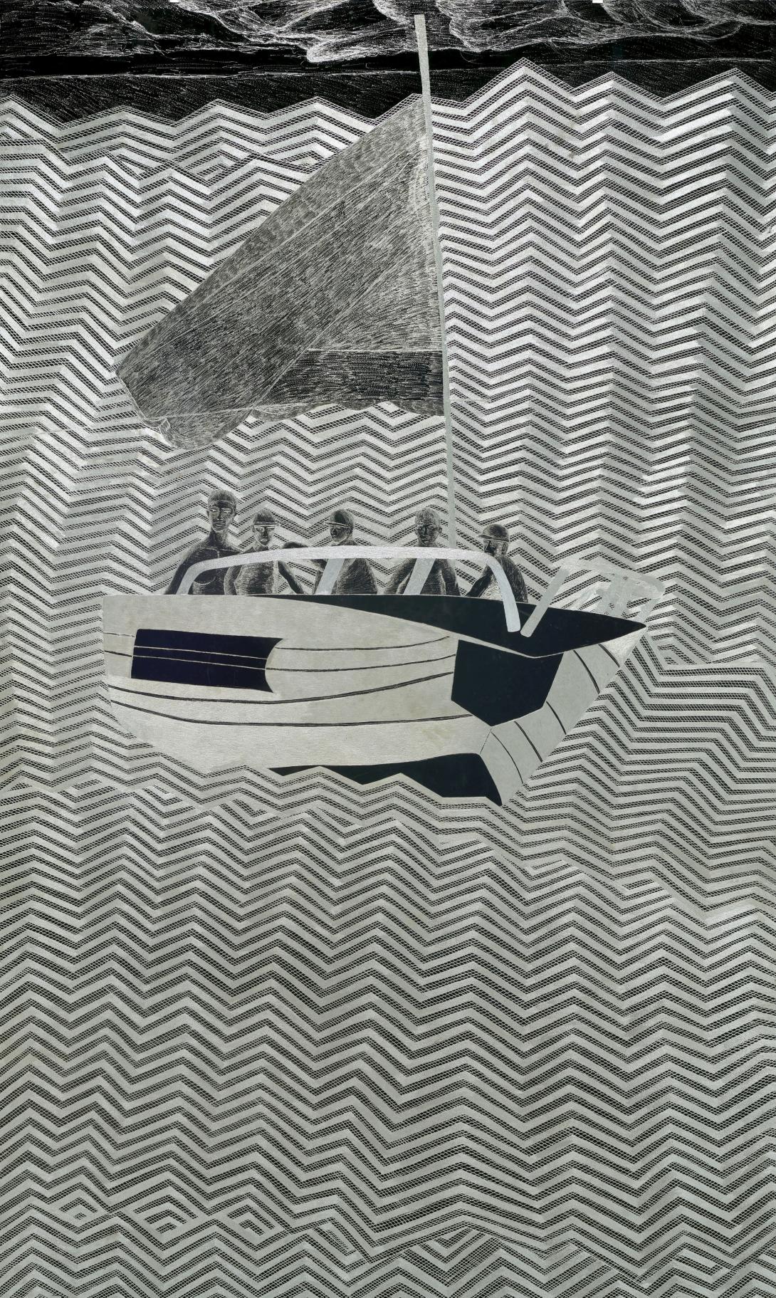 An etching of a Djirrit (boat) on the ocean into a shiny metal surface.