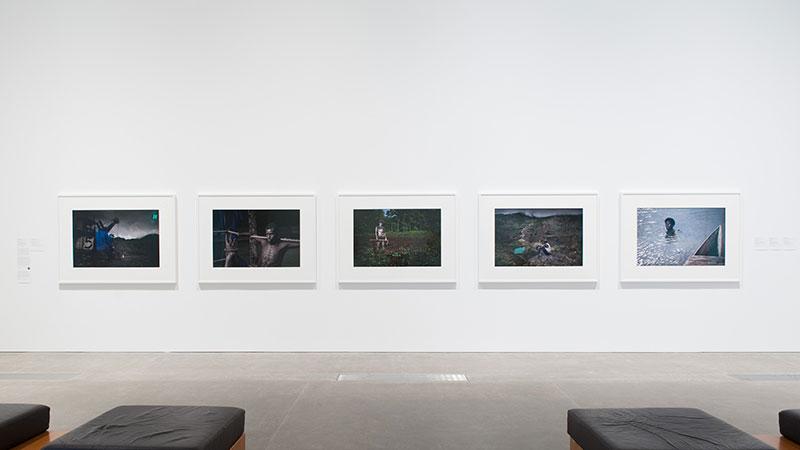 Five photograph installed on a white wall in a gallery setting; in the foreground are benches and seats.