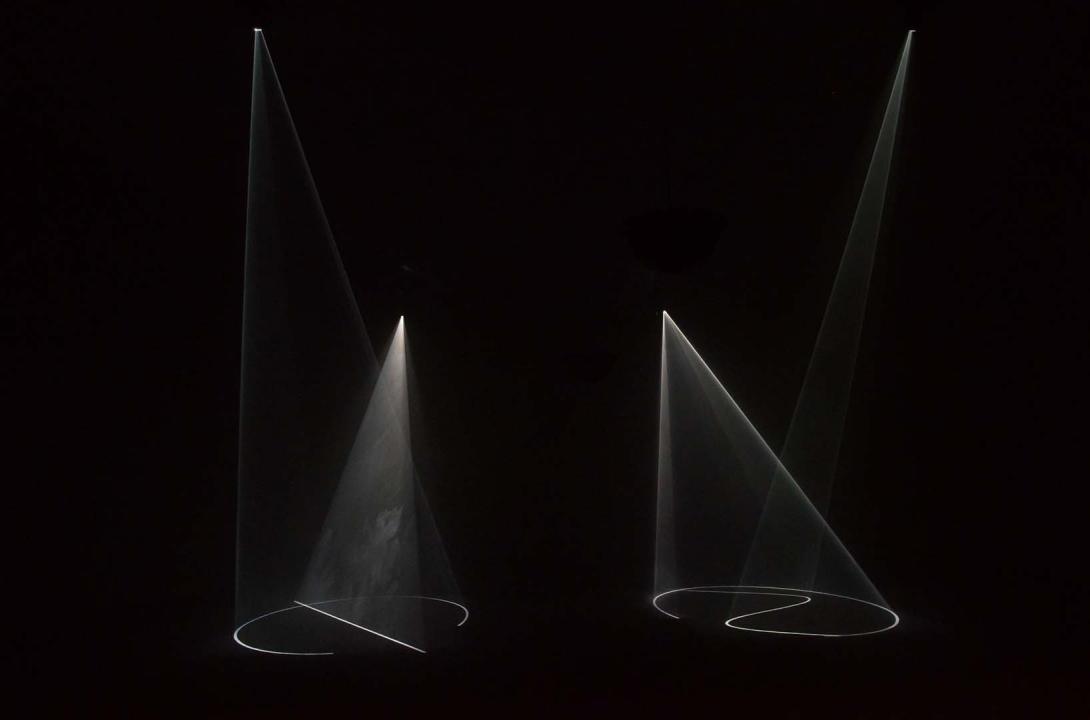 Artwork Crossing this artwork made of Two double video projections (20 minutes), haze machine and sound, created in 2016-01-01
