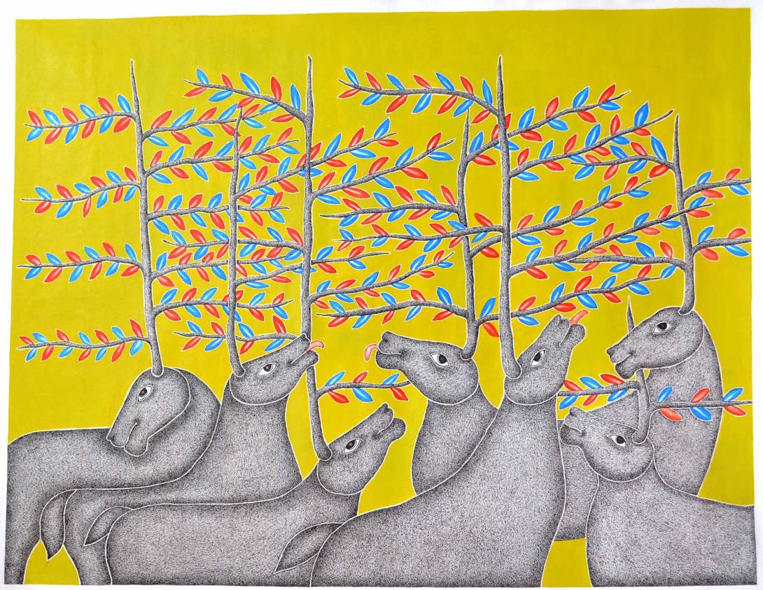 A painting of seven deer-like creatures with trees growing in place of antlers; the background is bright yellow and the trees' leaves are red and green.