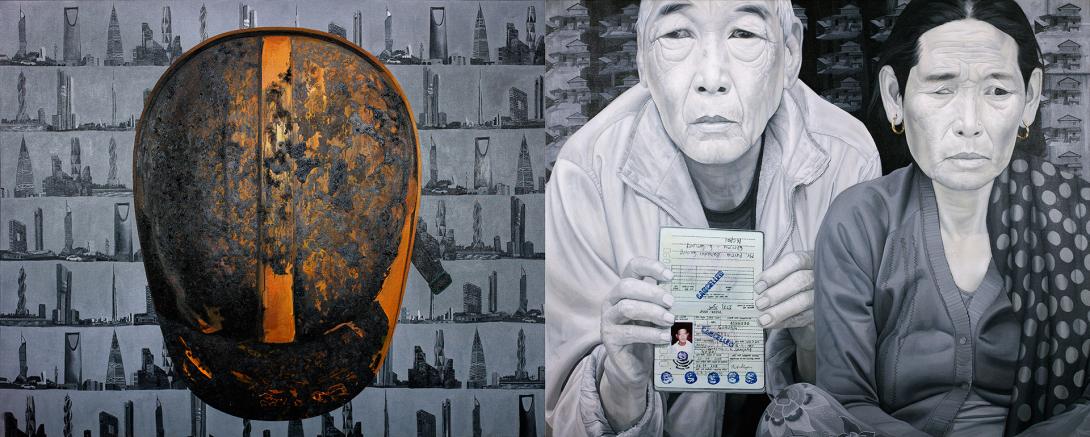 A diptych painting with a painting of a dirty or burnt hard hat overlaid on small paintings of high-rise buildings at left; and, at right, a portrait of two Nepalese people, looking worried, with one holding a passport for inspection. 