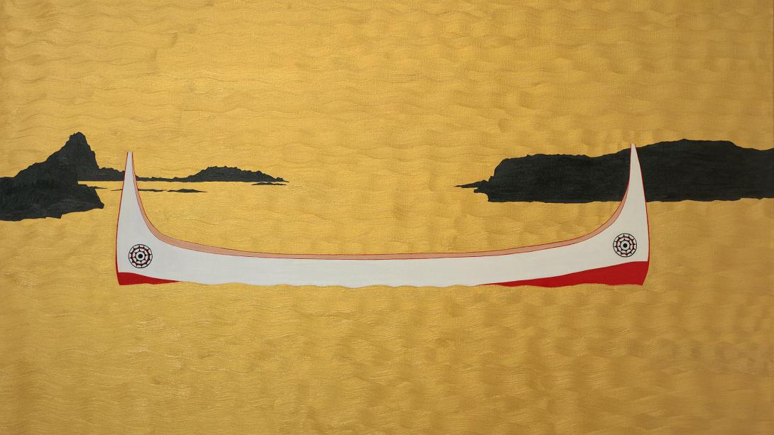 An artwork depicting a white-and-red boat or canoe floating on yellow-gold water, with some rocks or islands in the background.