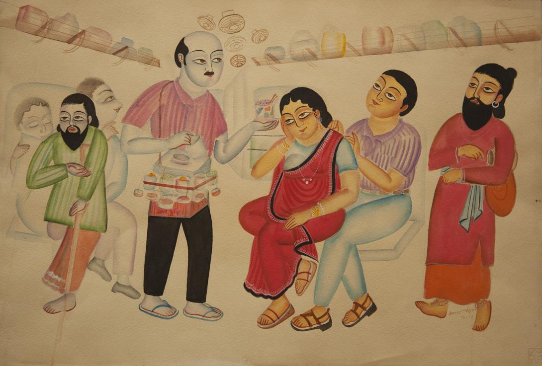A watercolour painting of Indian people travelling on a train; an attendant offers snacks.