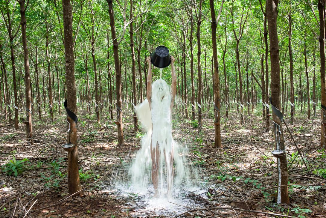 A photograph of a man standing in a forest in the middle of tipping white rubber sap over himself.