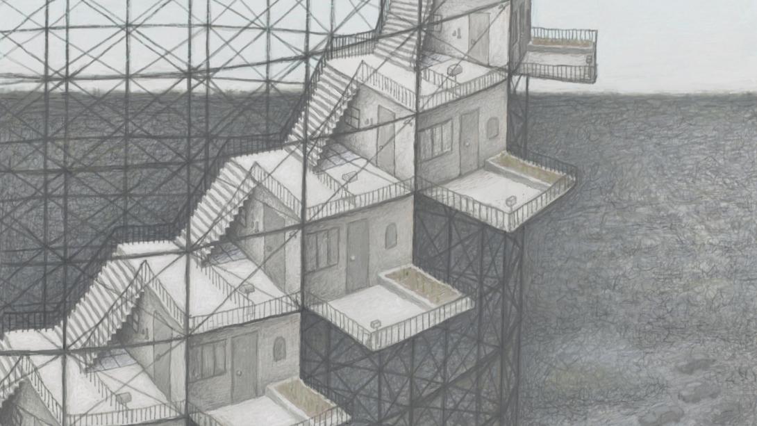 An artwork depicted a 'residential watchtower complex', with small houses stacked diagonally up around a cylindrical framework.