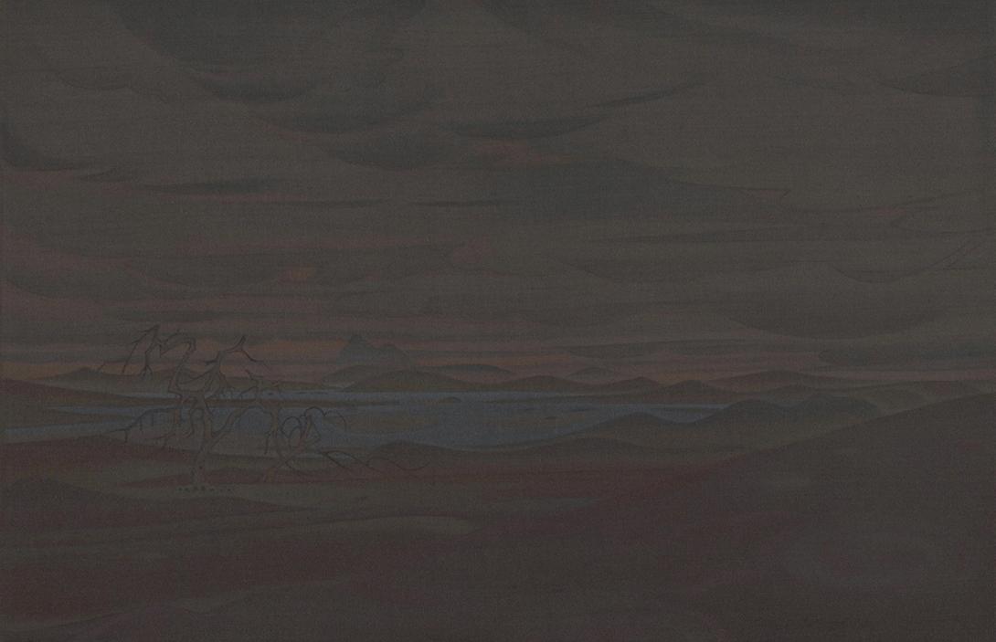 A very dark grey painting depicting a hilly desert landscape, leafless trees and a body of water.
