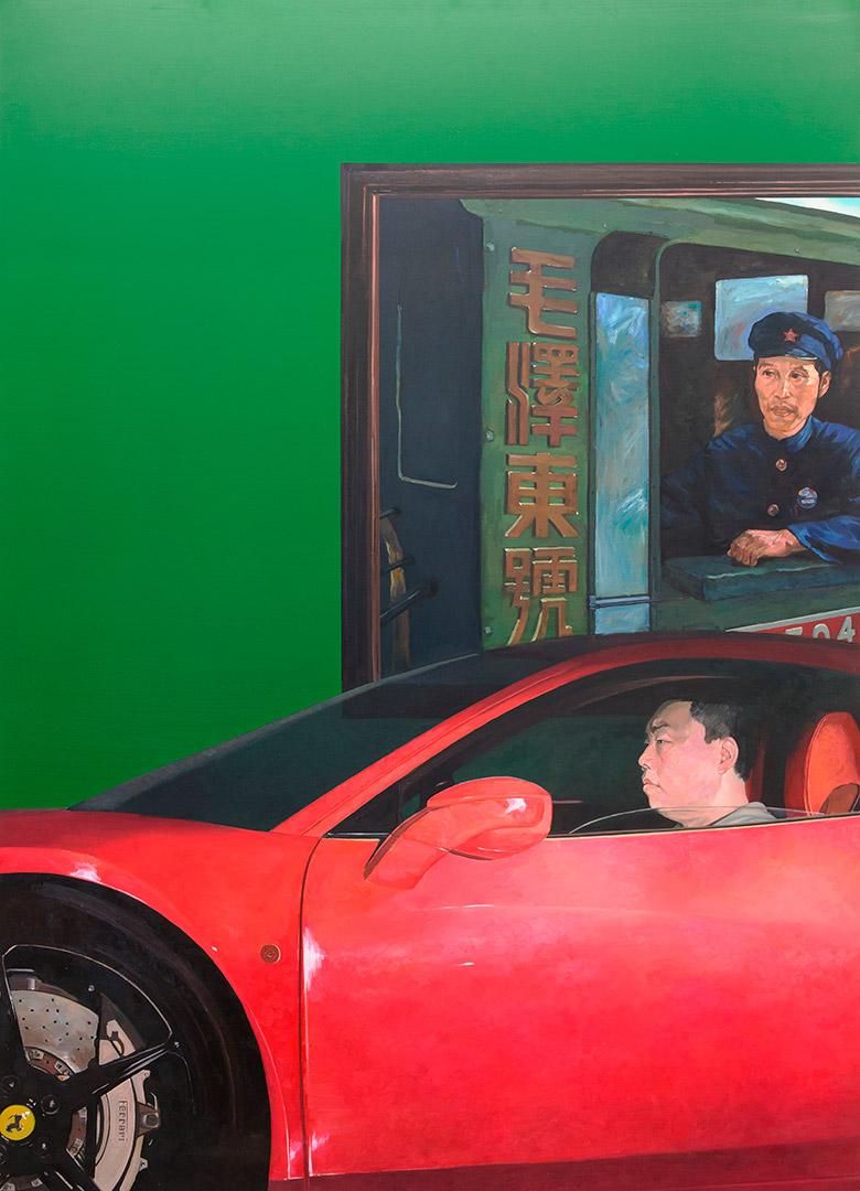 An oil painting in which a man drives a red car up to a check-point with green walls and an attendant in a blue hat.