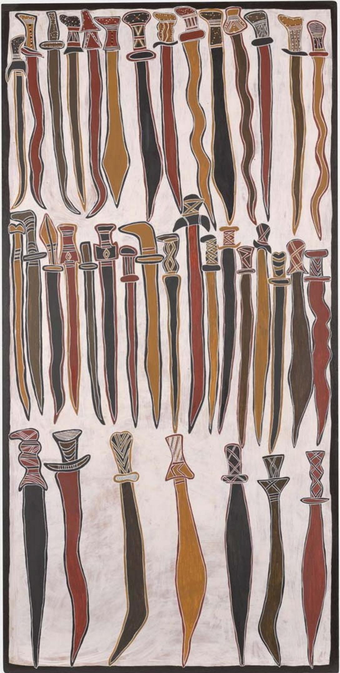 A painting of knives made in natural pigments on bark.