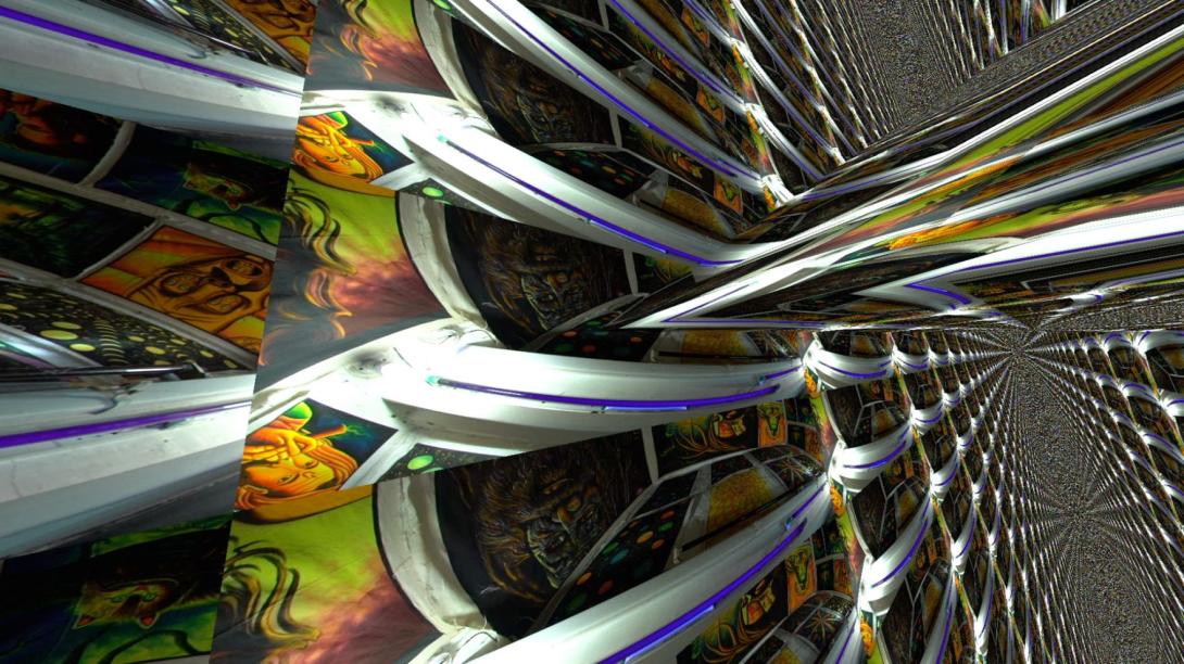 A still from a digital artwork depicting a kaleidoscopic view of mirrored, brightly coloured artworks repeated many hundreds of times.