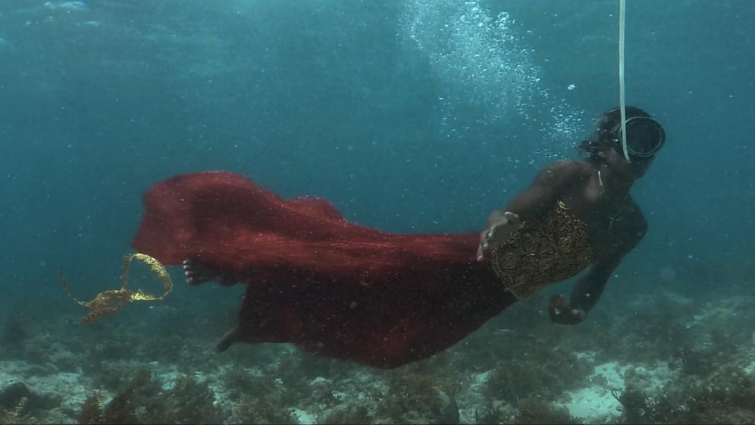 An underwater photograph of a woman diving in a bright blue ocean wearing a blood-red dress.