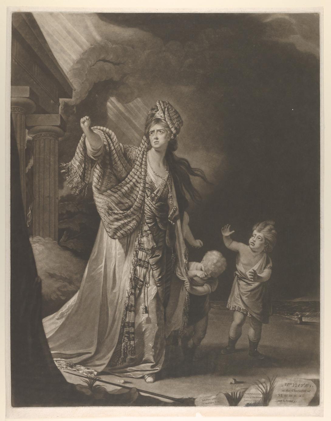 A black-and-white mezzotint depicting a scene from Medea.