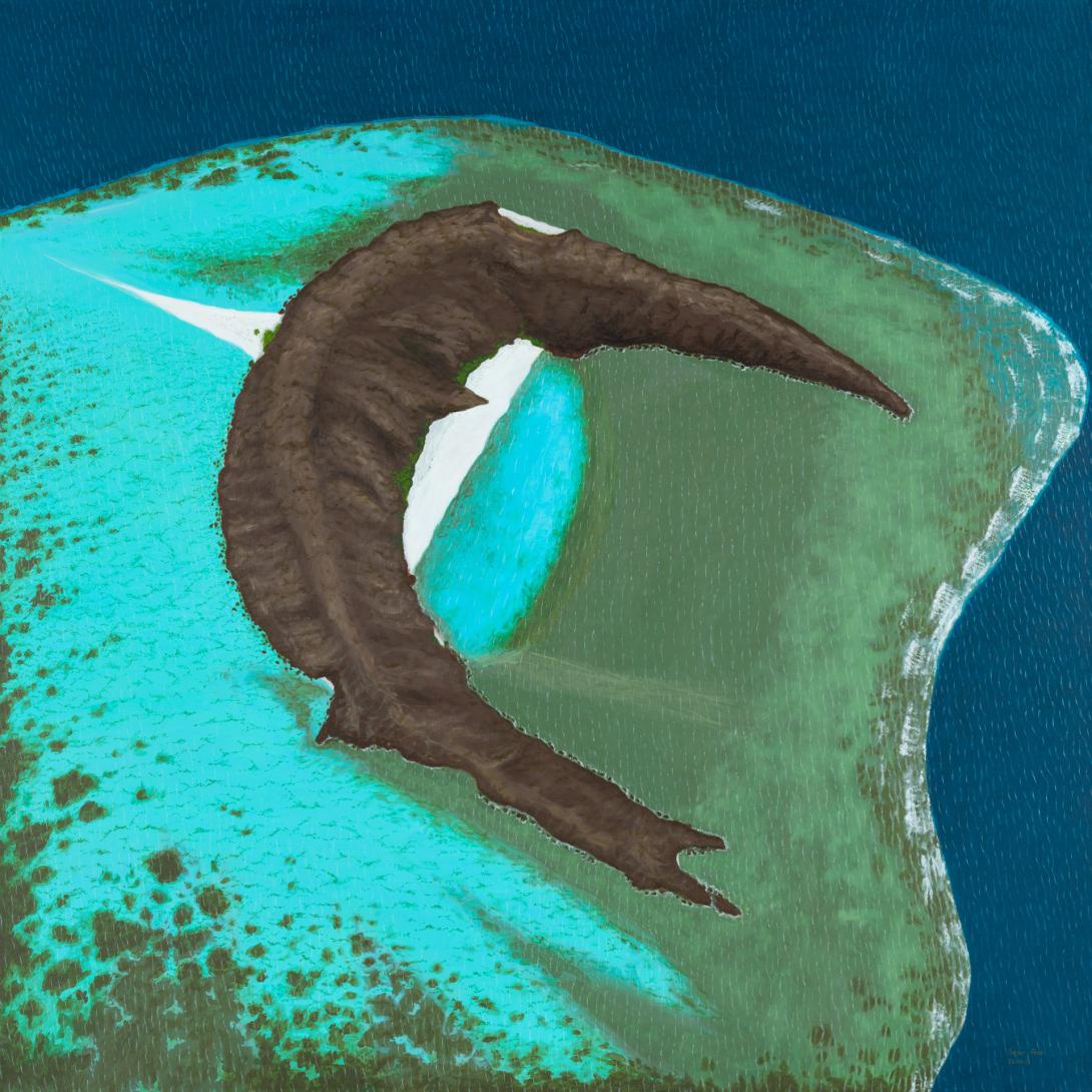 A painting of an aerial view of an island in the Pacific Ocean.