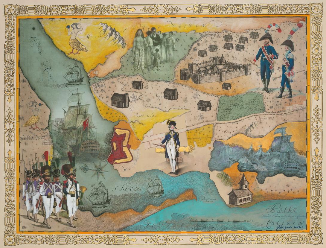 An acrylic, ink and digital print of a map, featuring people in battle uniform.