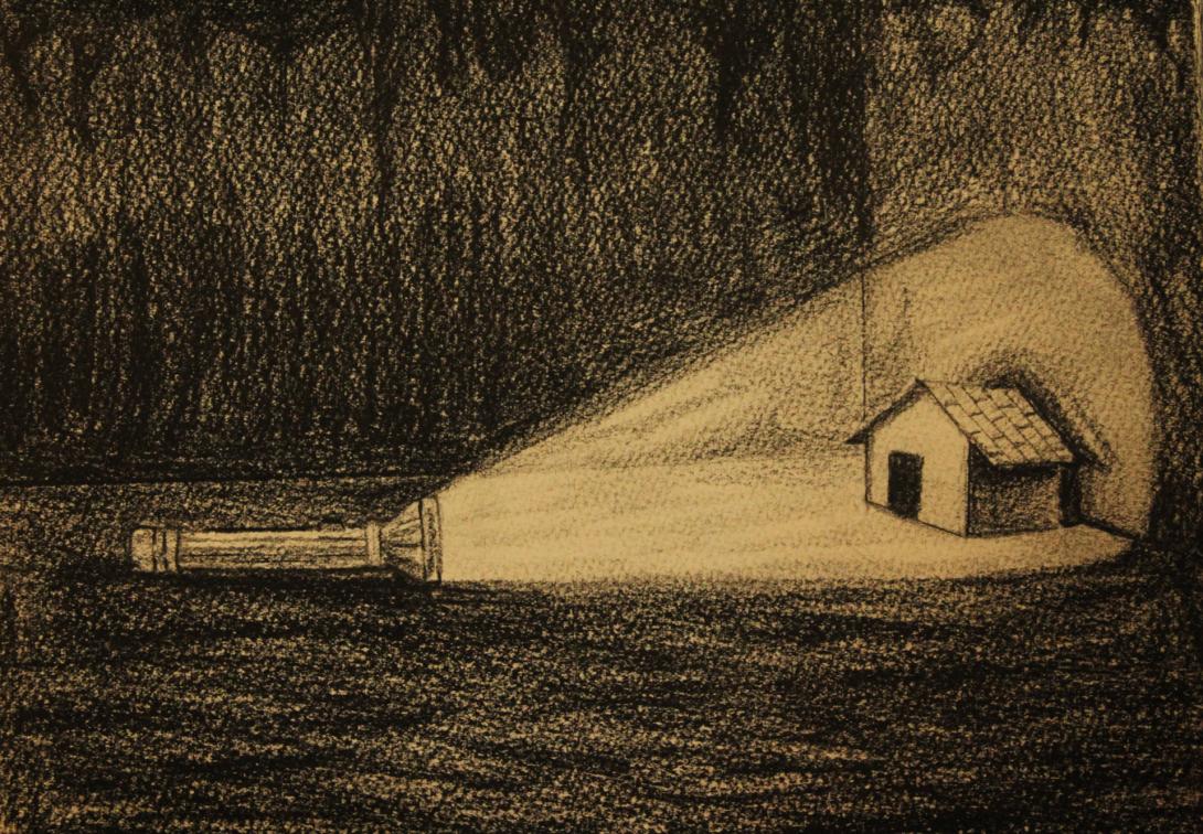 A sketch of a flashlight on the floor of a dark room, shining on a tiny hut with a dark doorway.