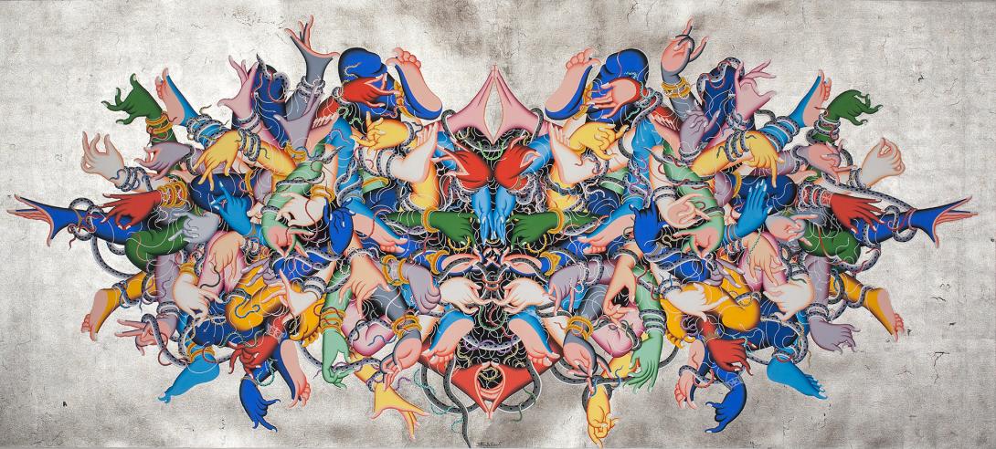 A work made in paint, ink and platinum leaf depicting a kaleidoscope-like view of colourful hands with snakes winding around them. The background of the work is metallic grey.