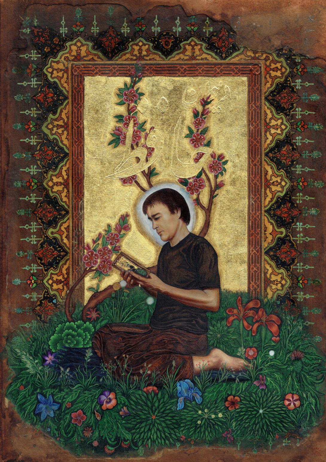 A gilded painting of a man kneeling in a garden reading.