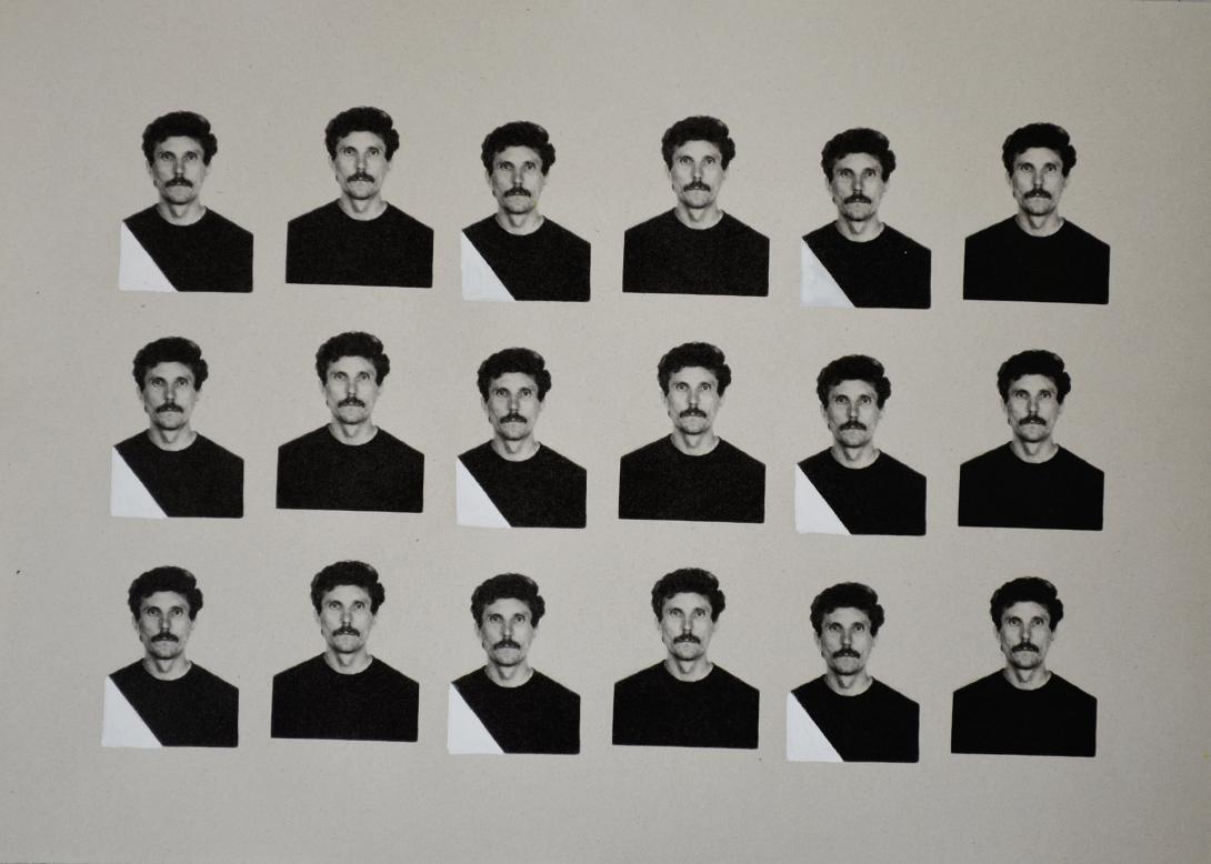 A work with 18 near-identical passport-style photos arranged in rows of six; small amendments have been made in whitewash and pencil.