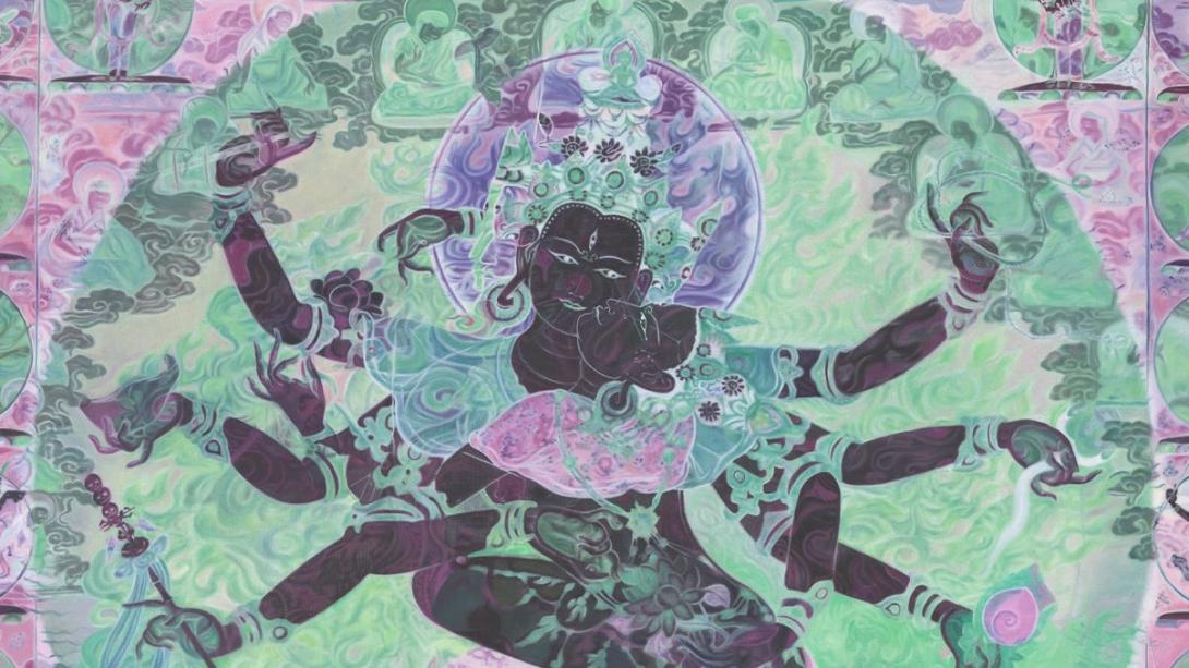 An artwork in pistachio green, soft pink and black depicting a woman with many arms sitting cross-legged; she is inside a green circle with a pink background.