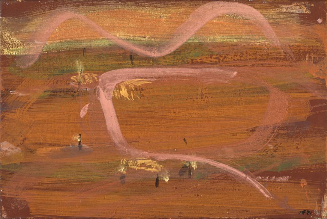 An acrylic-painted abstract view of a red Australian desert landscape.