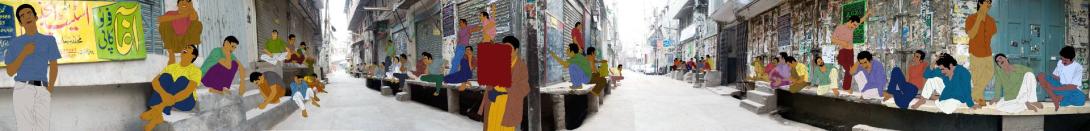 A composite image of colourful cartoon people laughing overlaid on a streetscape.