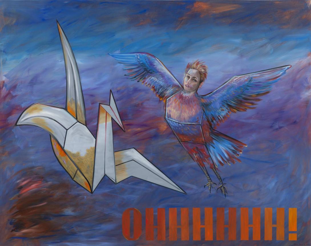 A painting of two 'birds' in the sky: one apperas to be a giant paper crane, while the other is a blue and purple bird with a human head.